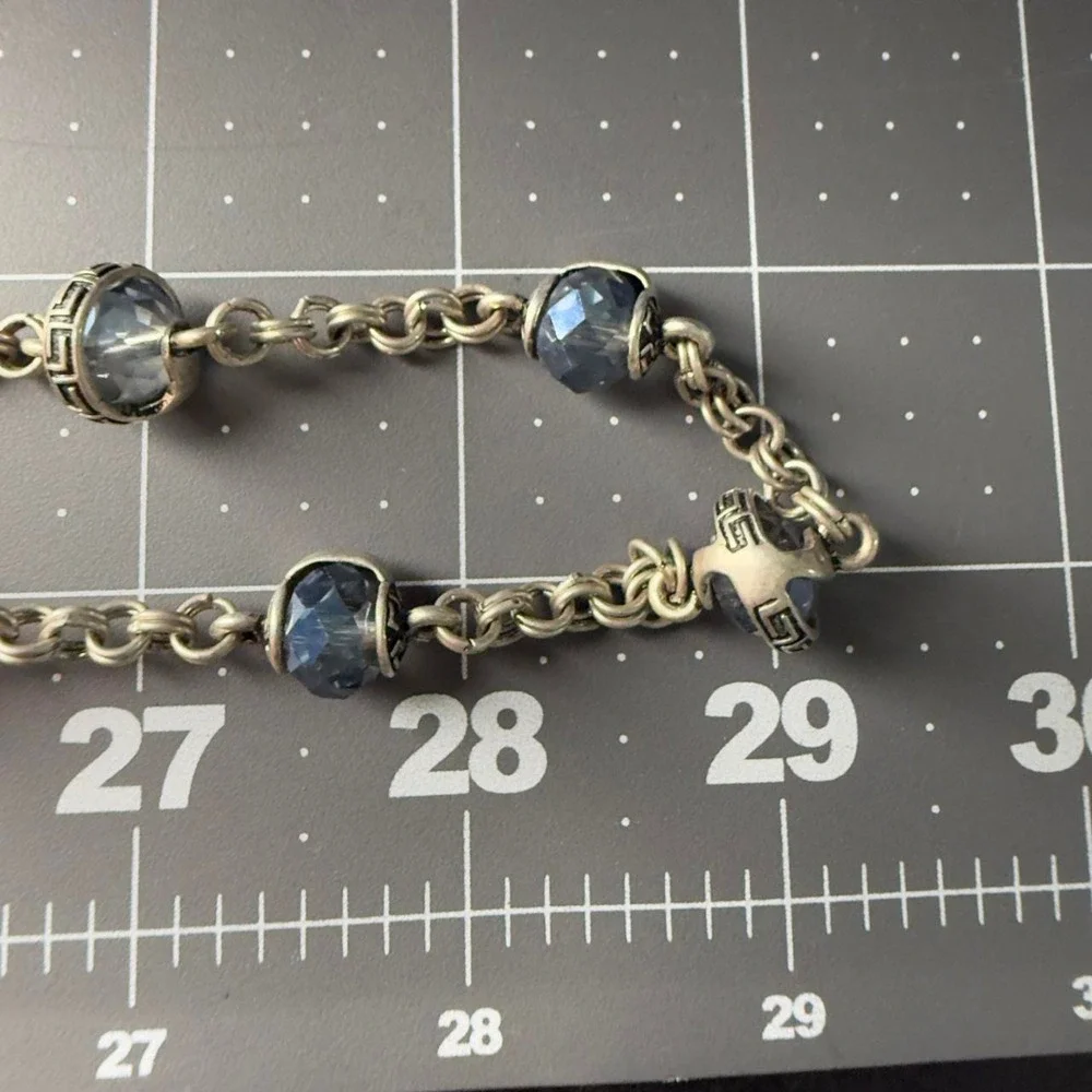 Premier Designs Greek Key Station Necklace Blue Crystal Long Layering Silver